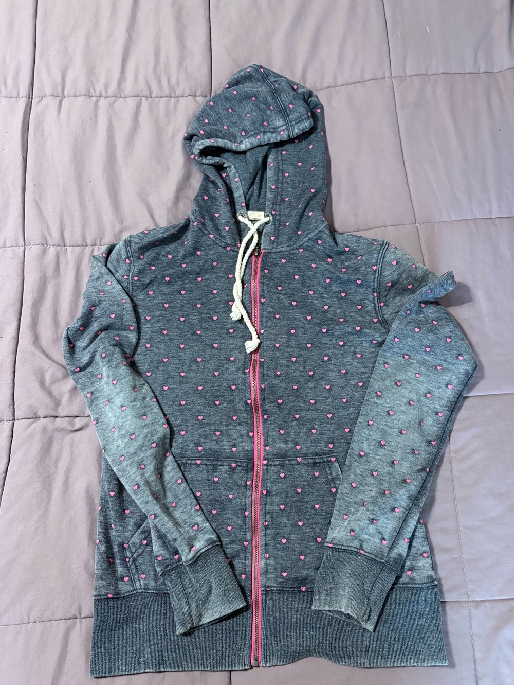 Y2K Roxy Gray/Pink Heart Zip-Up Hoodie Size XS